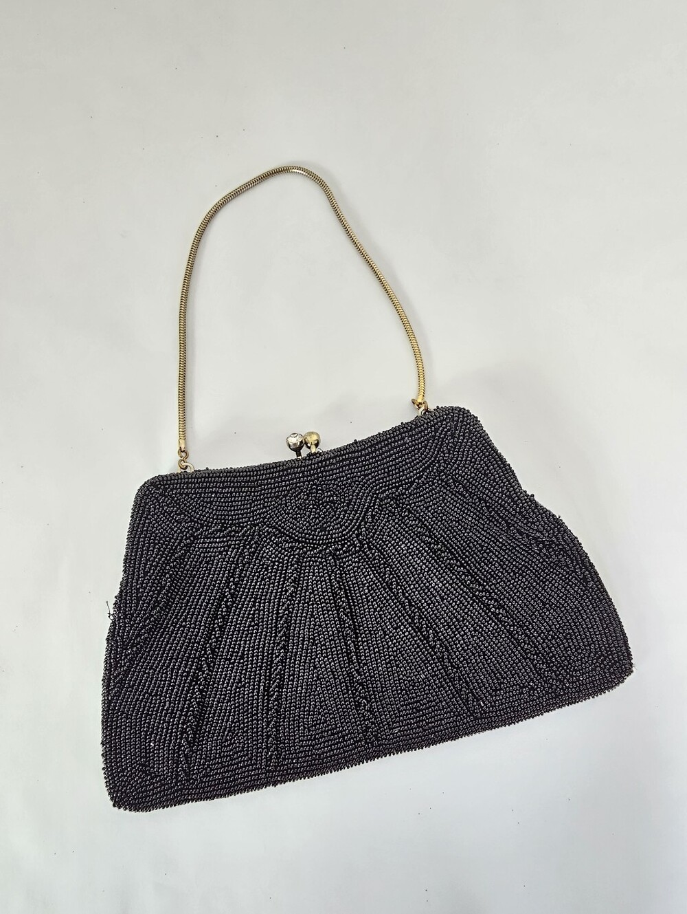 Vintage Black Beaded Sunburst Kiss Lock Evening Handbag with Gold Chain Glam